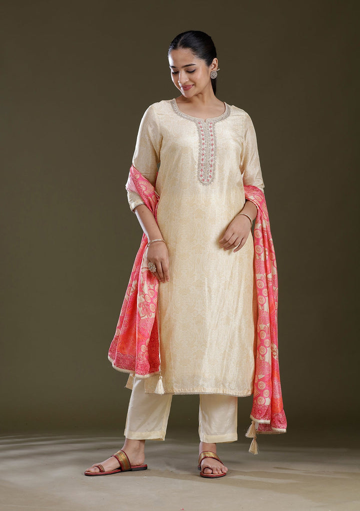 Cream Zariwork (Gold) Brocade Readymade Salwar Suit