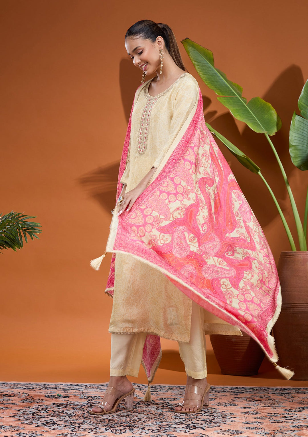 Cream Zariwork (Gold) Brocade Readymade Salwar Suit