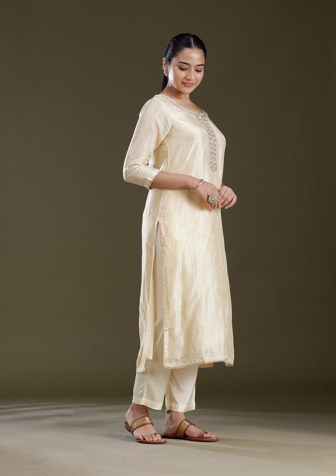 Cream Zariwork (Gold) Brocade Readymade Salwar Suit