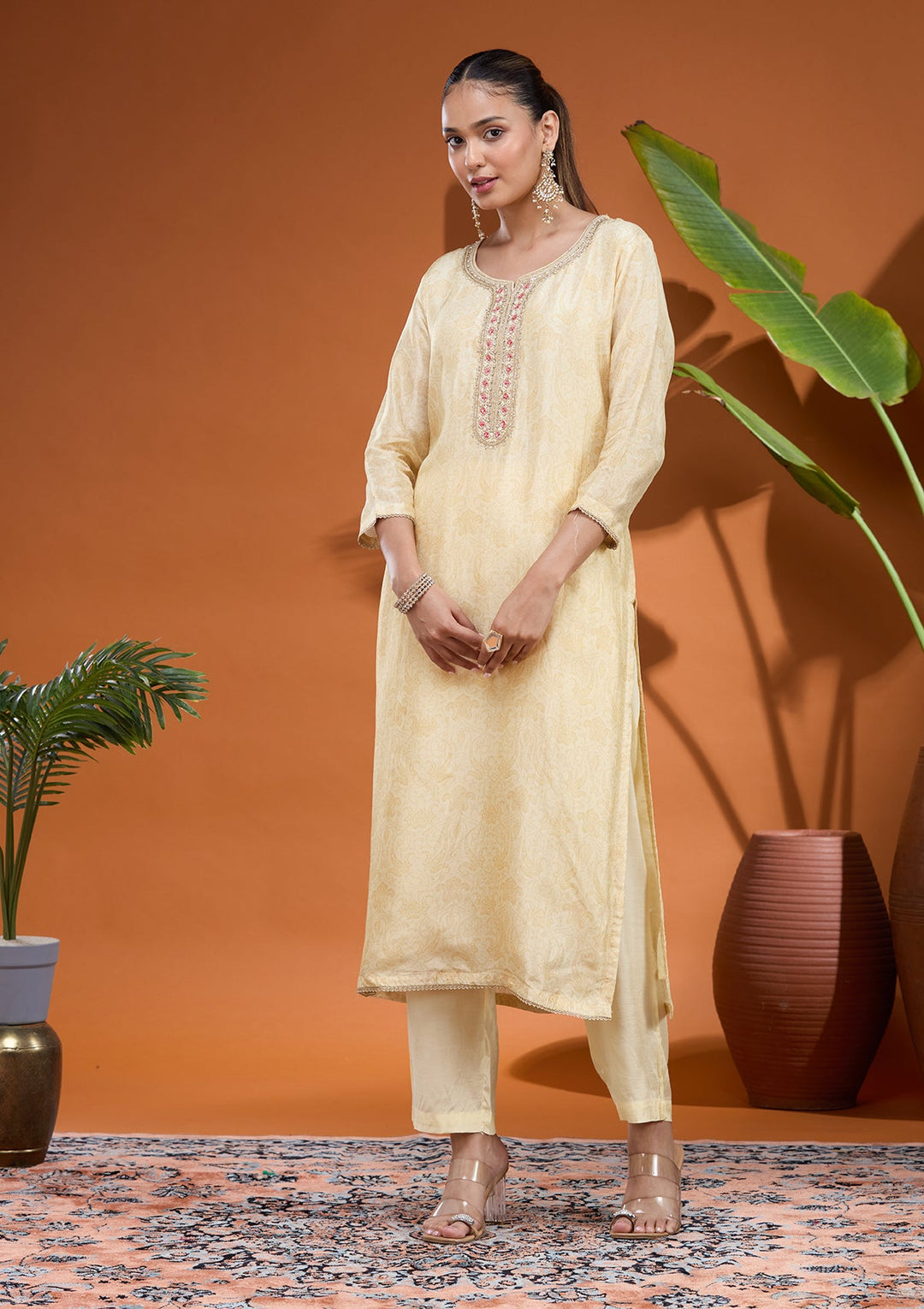 Cream Zariwork (Gold) Brocade Readymade Salwar Suit