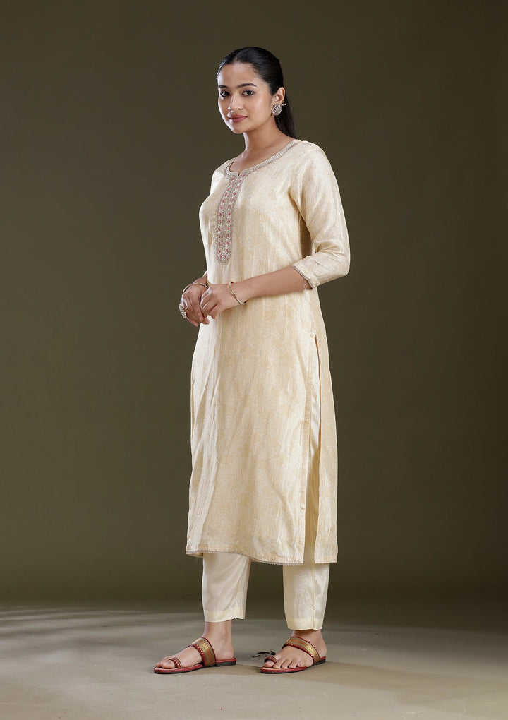 Cream Zariwork (Gold) Brocade Readymade Salwar Suit