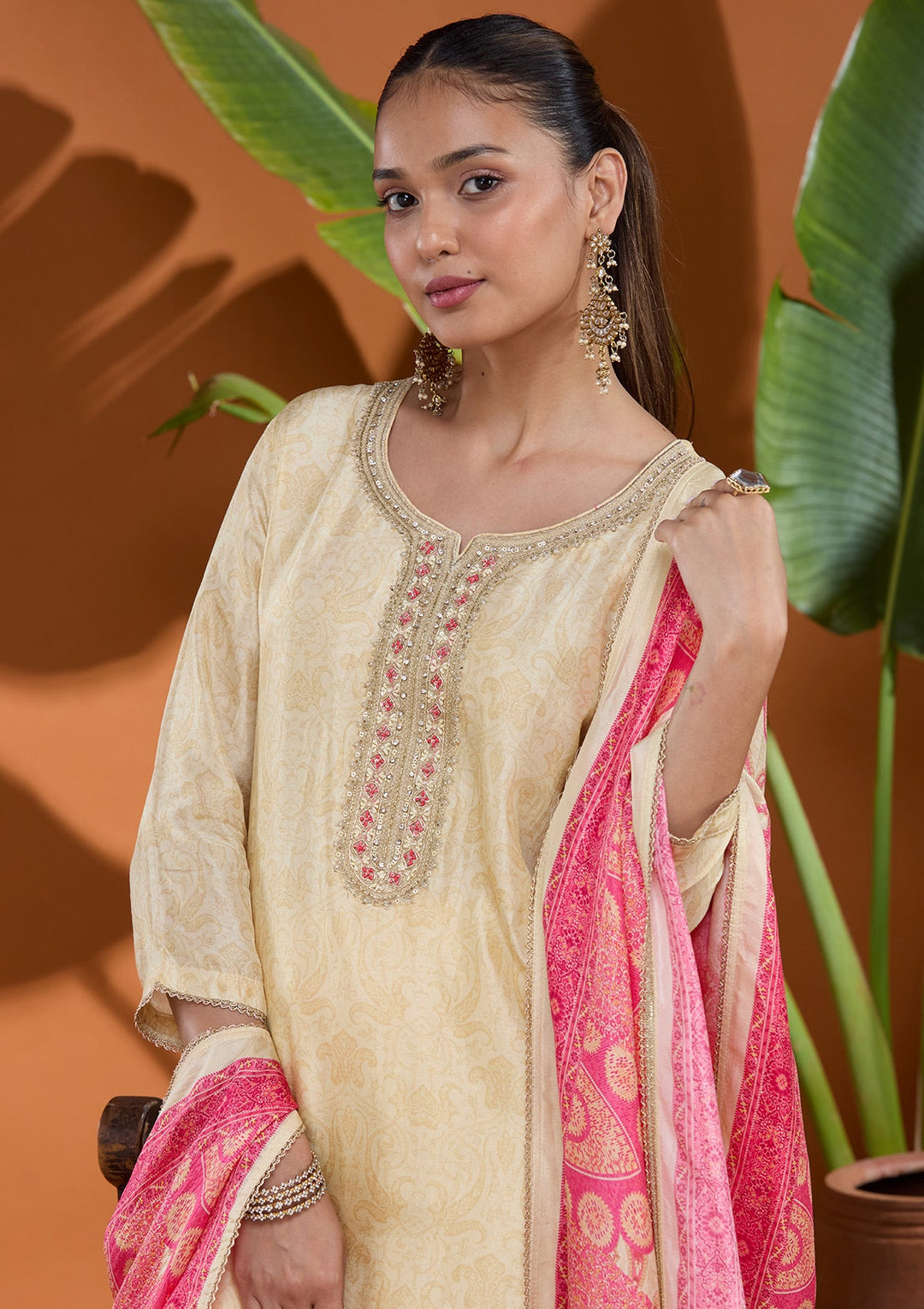 Cream Zariwork (Gold) Brocade Readymade Salwar Suit