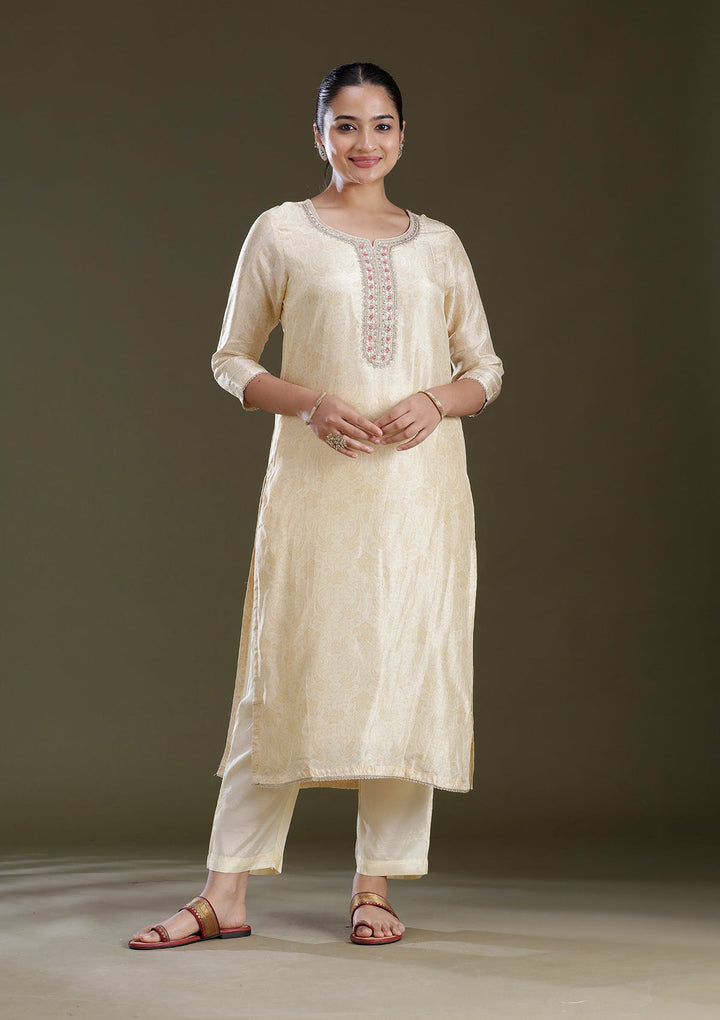 Cream Zariwork (Gold) Brocade Readymade Salwar Suit