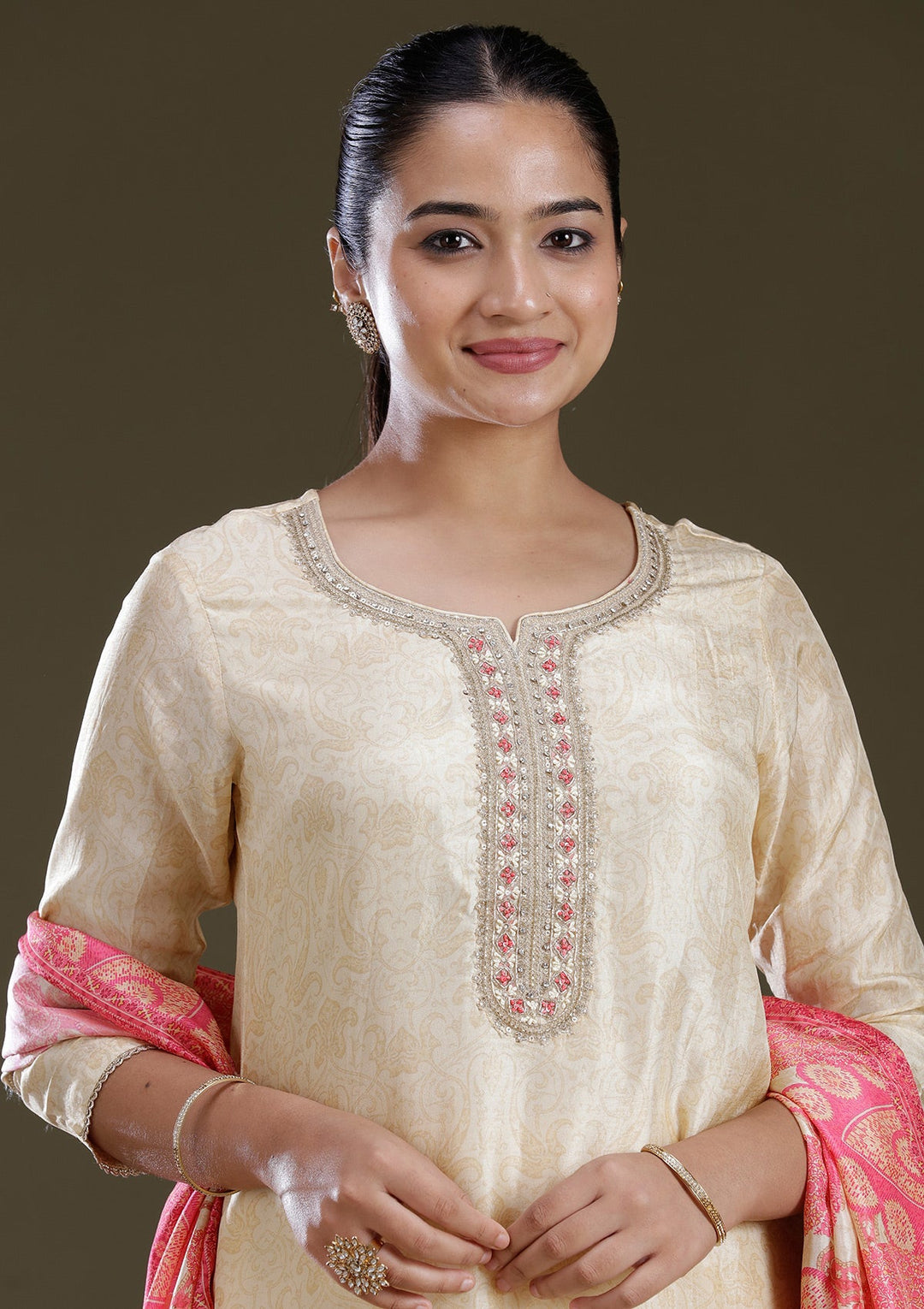 Cream Zariwork (Gold) Brocade Readymade Salwar Suit