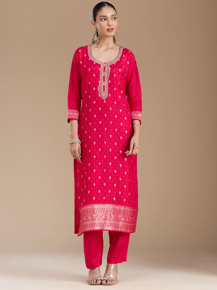 Rani Pink Sequins Soft Raw Silk Readymade Salwar Suit