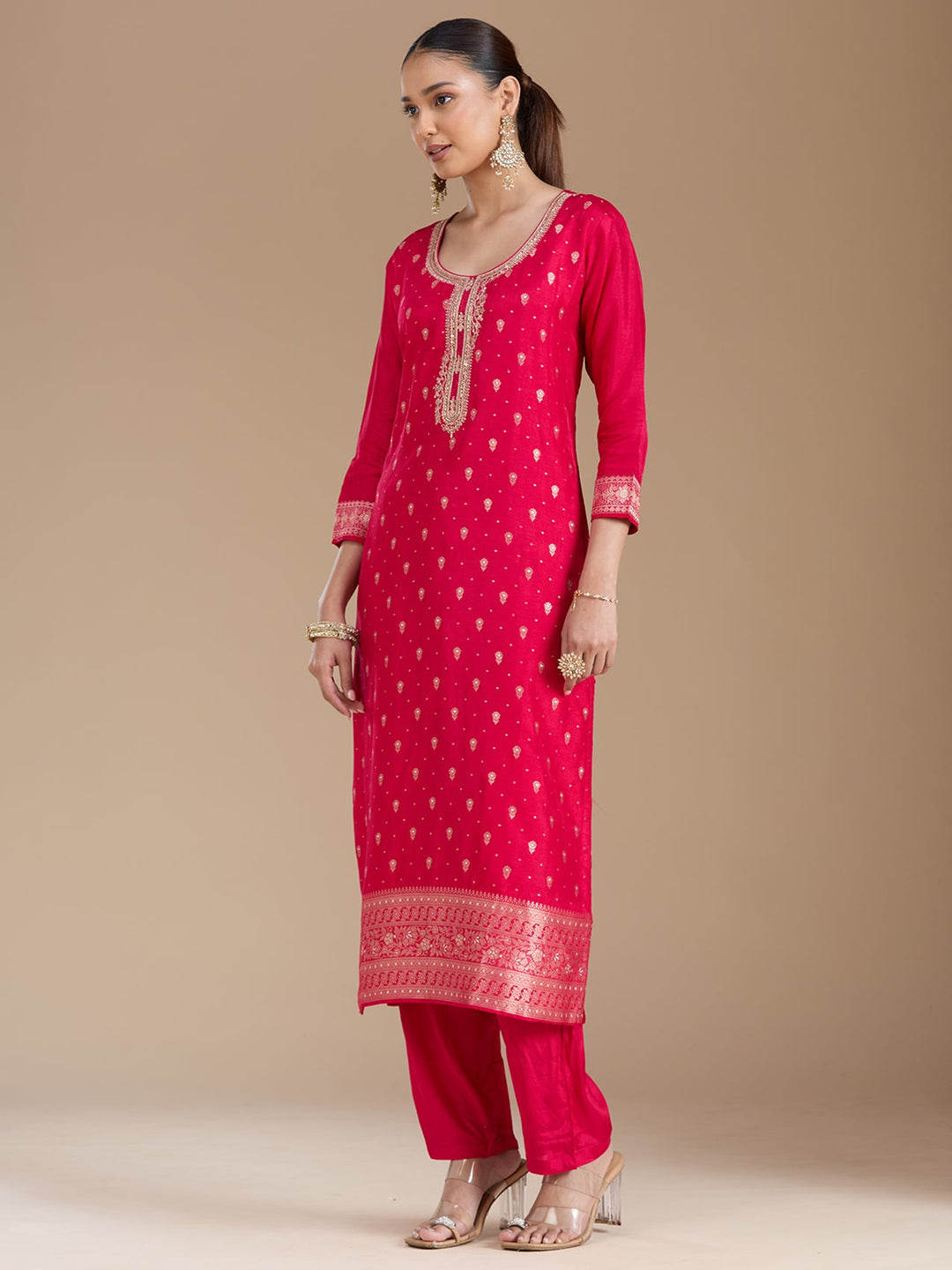 Rani Pink Sequins Soft Raw Silk Readymade Salwar Suit