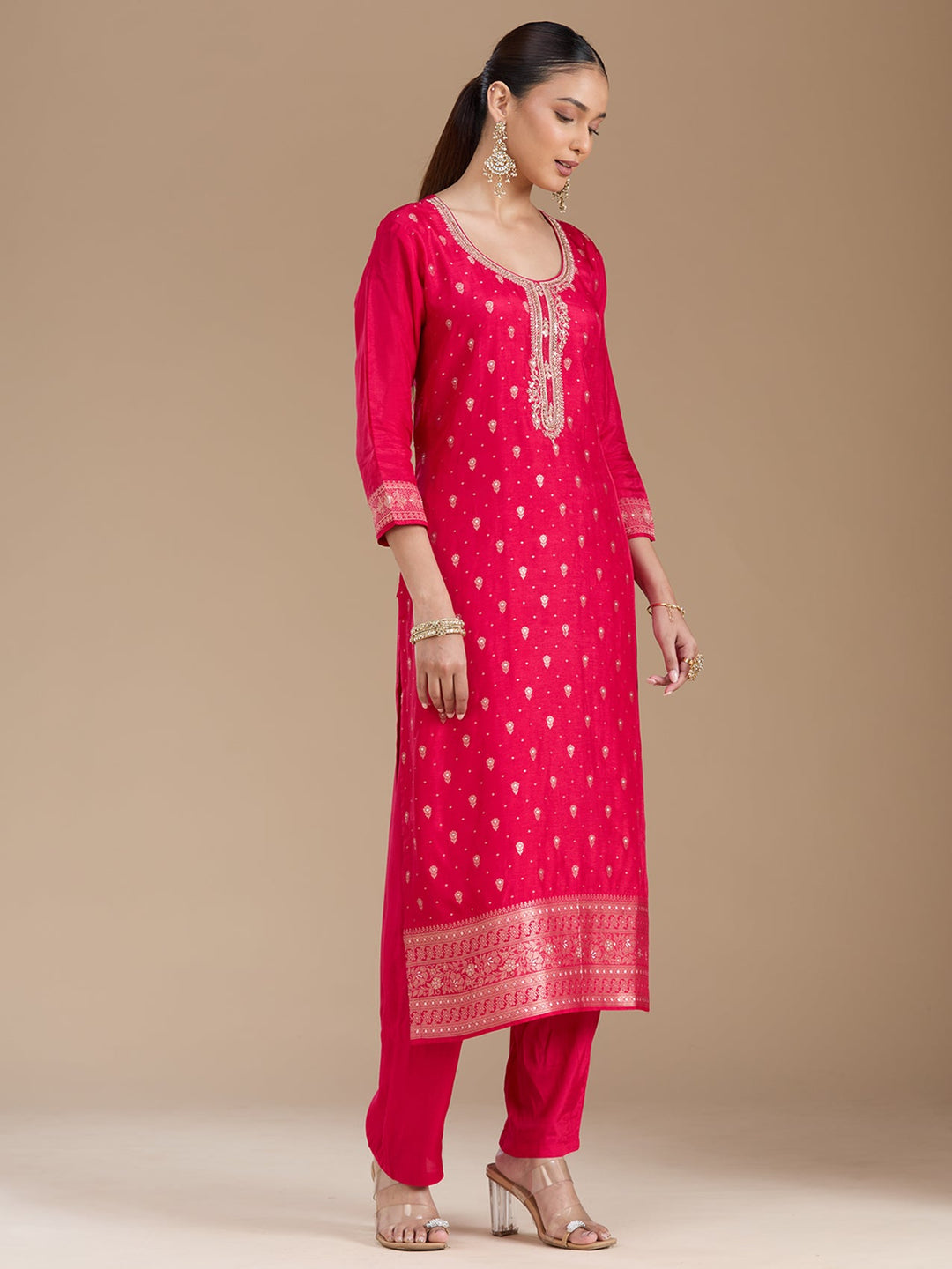 Rani Pink Sequins Soft Raw Silk Readymade Salwar Suit