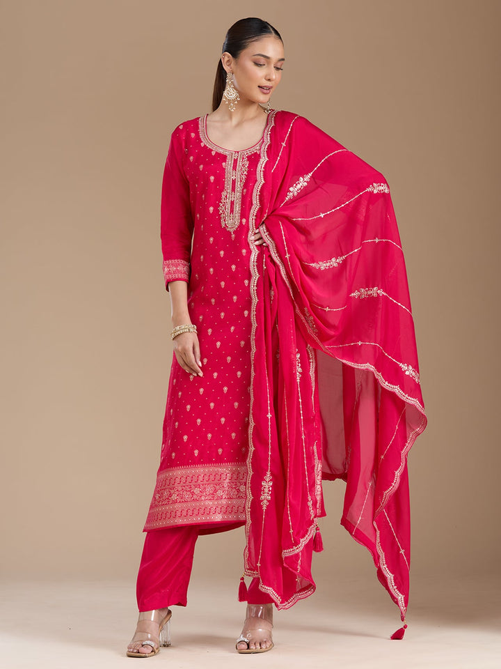 Rani Pink Sequins Soft Raw Silk Readymade Salwar Suit