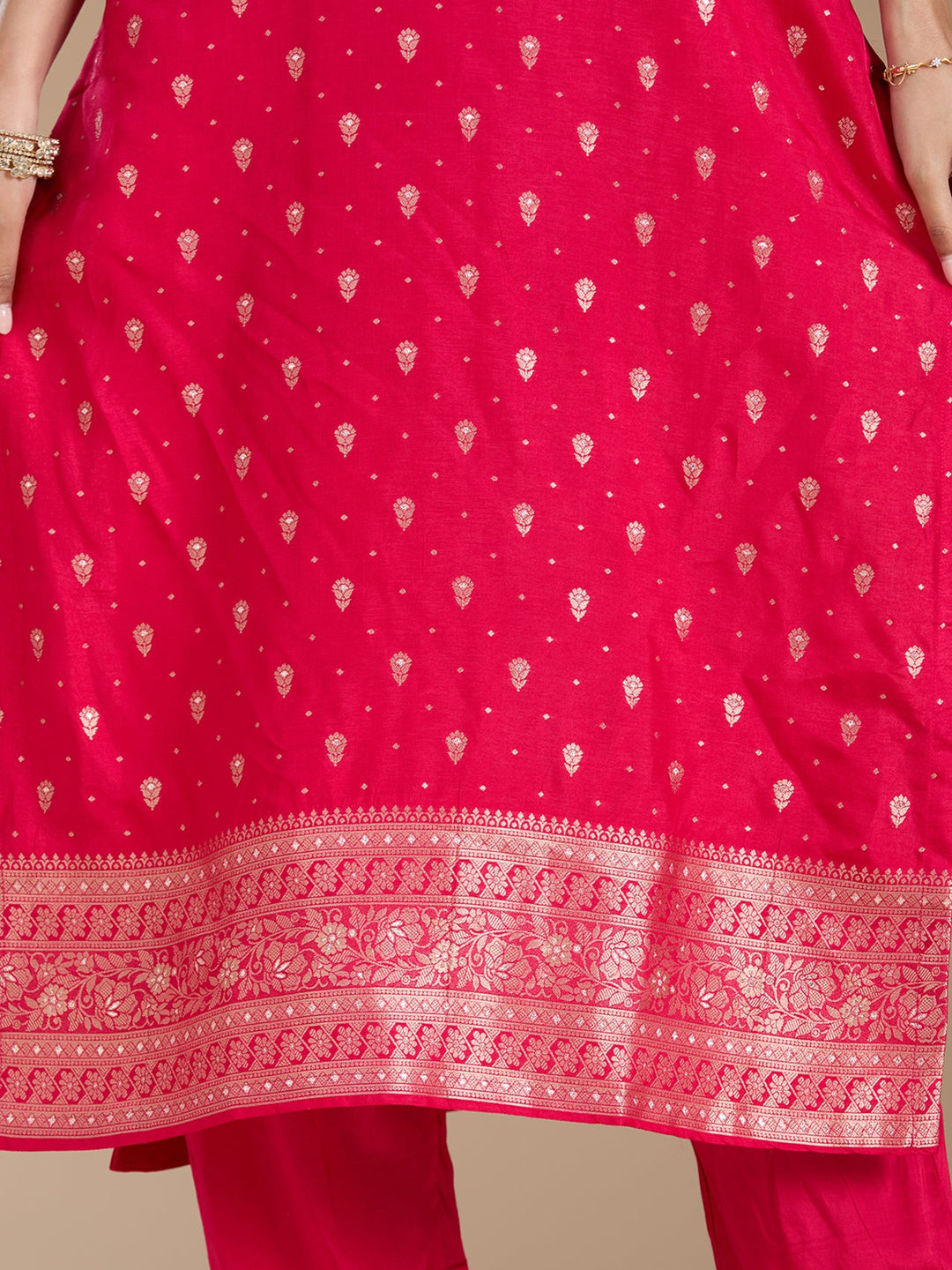 Rani Pink Sequins Soft Raw Silk Readymade Salwar Suit