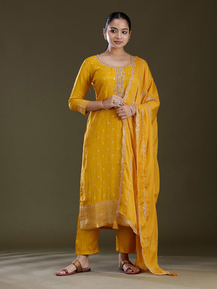 Yellow Zariwork (Gold) Chinon Readymade Salwar Suit