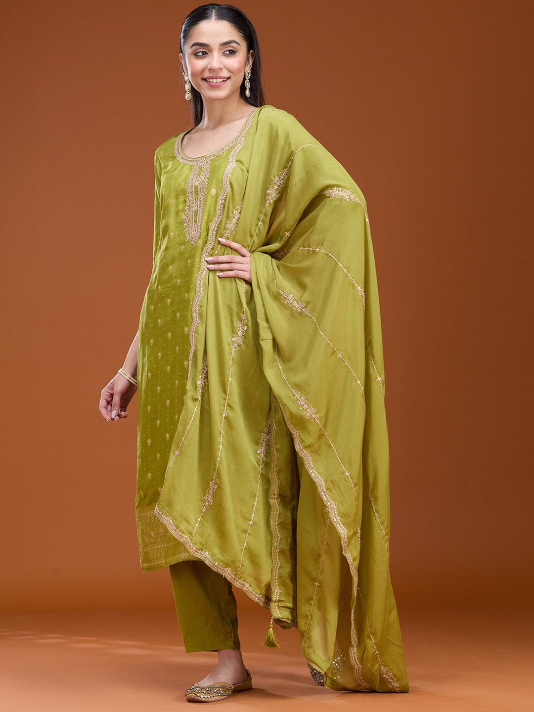 Leaf Green Zariwork (Gold) Brocade Readymade Salwar Suit