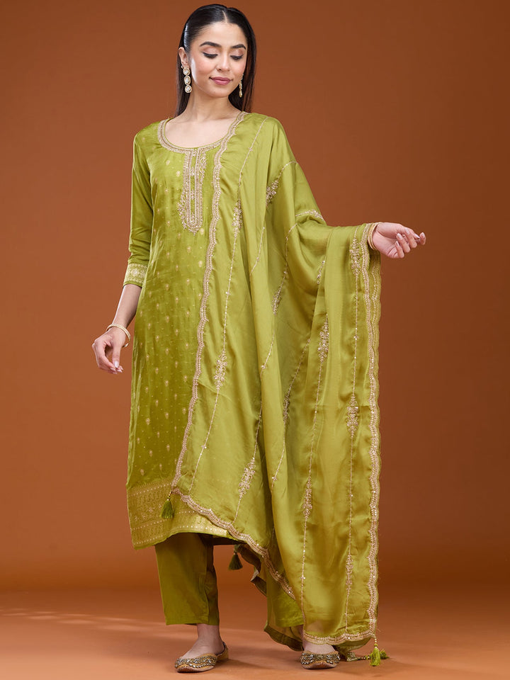 Leaf Green Zariwork (Gold) Brocade Readymade Salwar Suit