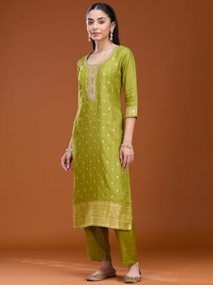 Leaf Green Zariwork (Gold) Brocade Readymade Salwar Suit