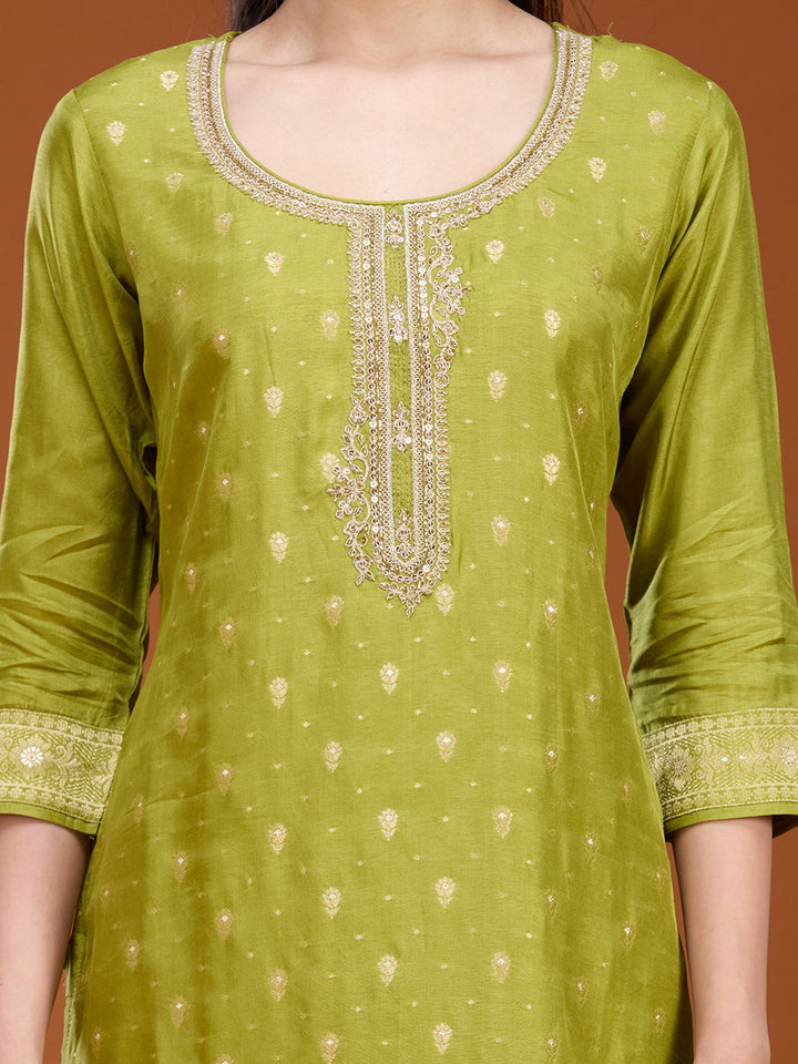 Leaf Green Zariwork (Gold) Brocade Readymade Salwar Suit