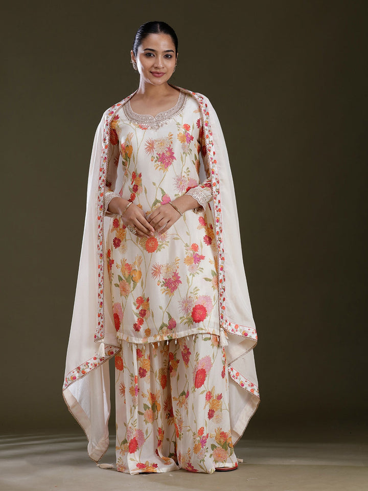 Cream Printed Chinon Readymade Salwar Suit