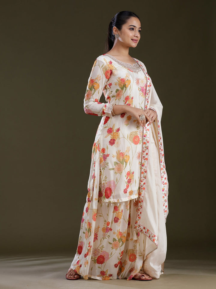 Cream Printed Chinon Readymade Salwar Suit