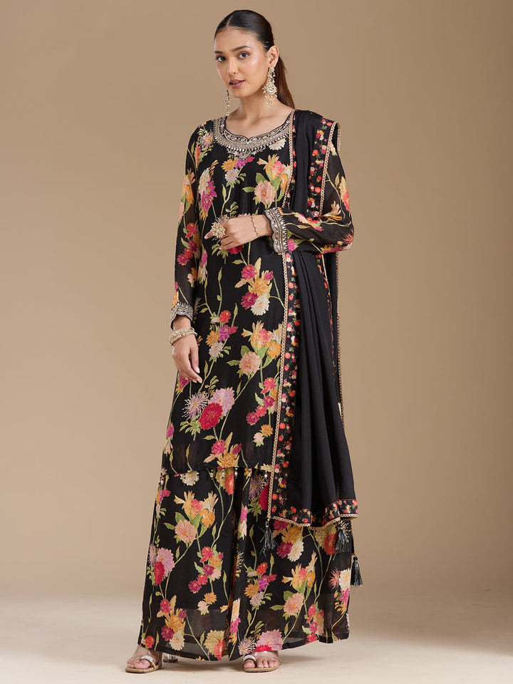 Black Threadwork Georgette Readymade Salwar Suit