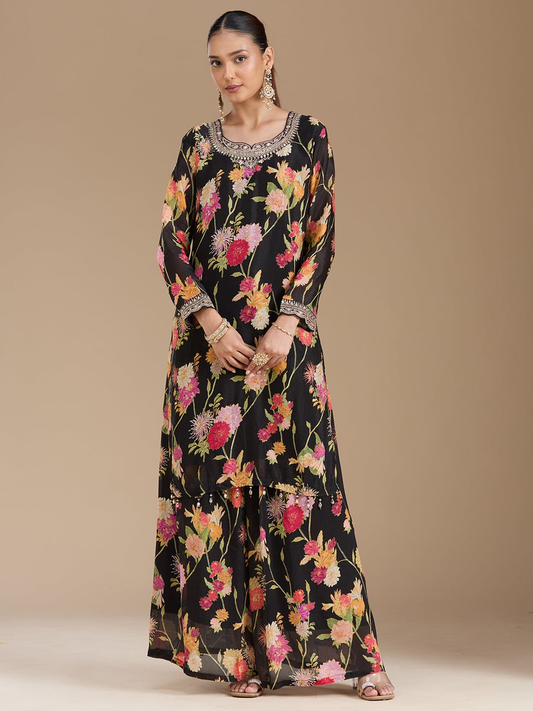 Black Threadwork Georgette Readymade Salwar Suit