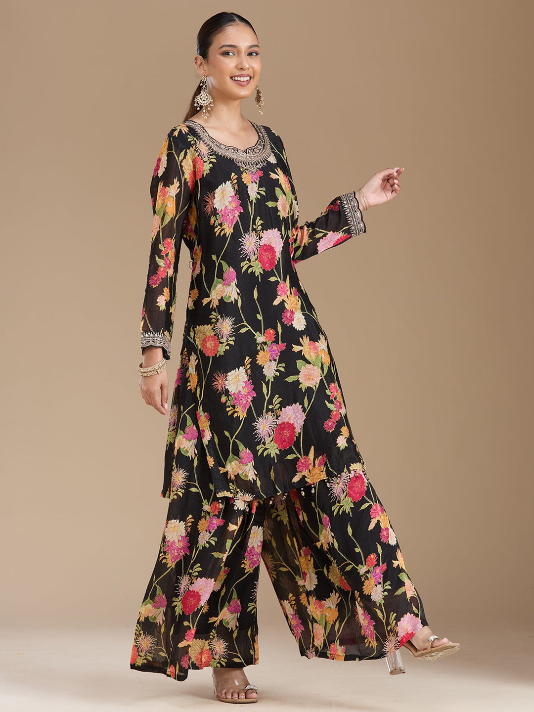 Black Threadwork Georgette Readymade Salwar Suit