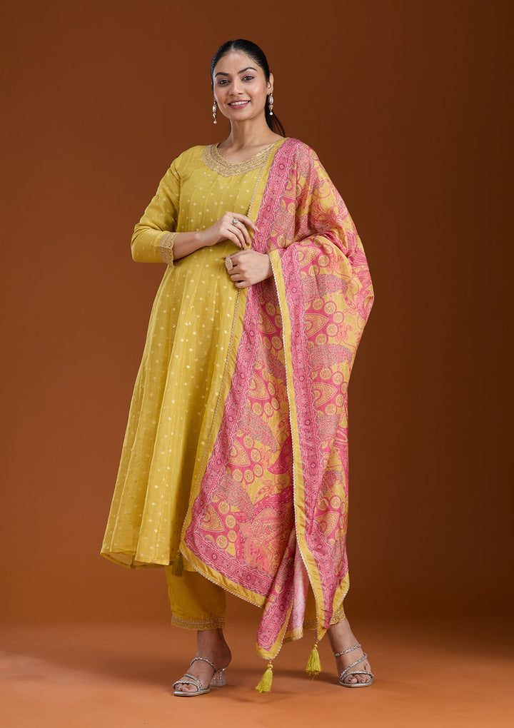 Mehendi Cording Soft Raw Silk Readymade Salwar Suit_koskii