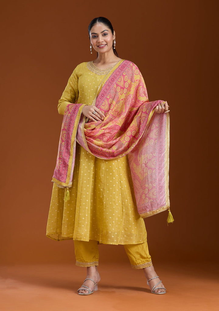 Mehendi Cording Soft Raw Silk Readymade Salwar Suit_koskii