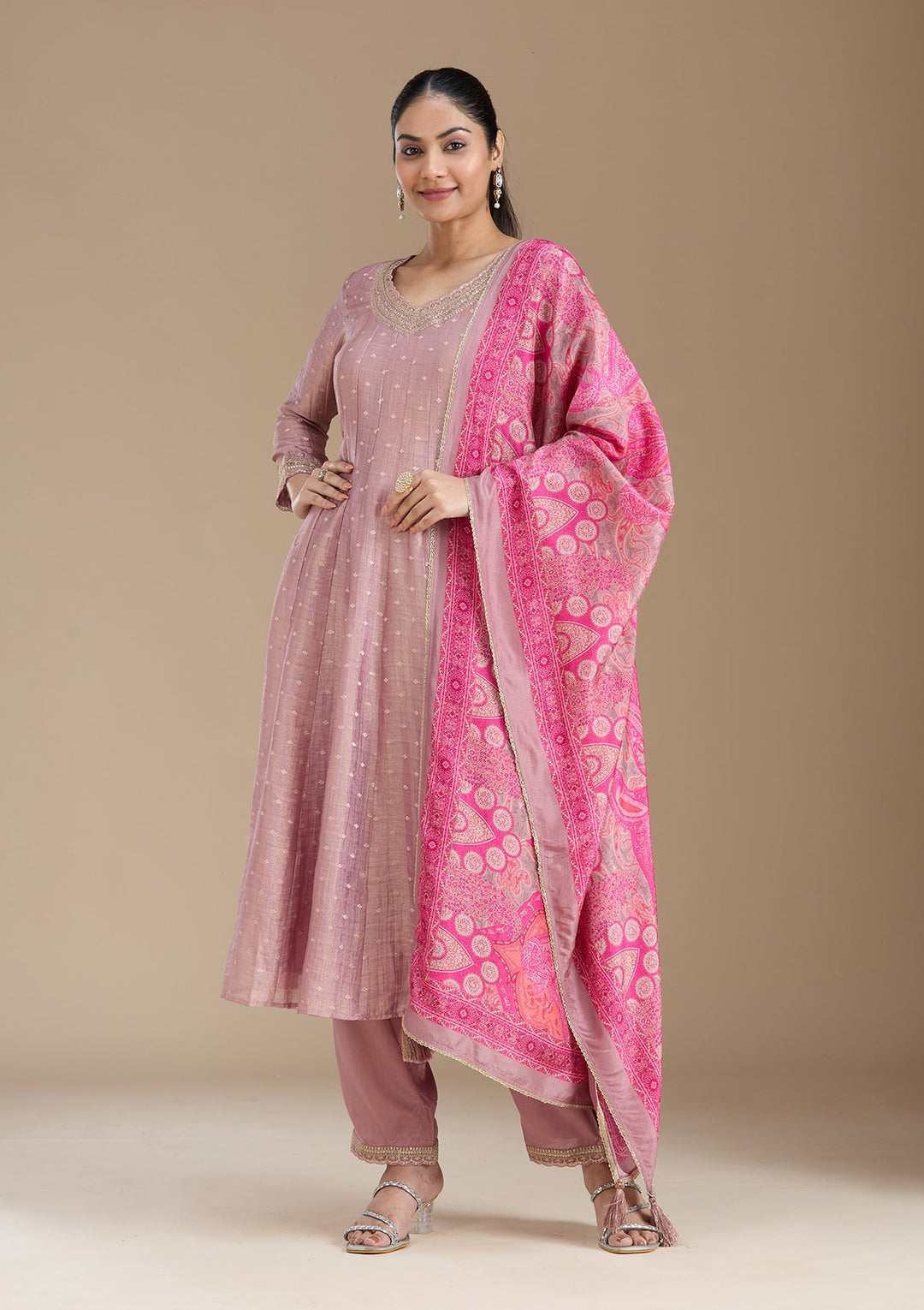 Mauve Zariwork (Gold) Tissue Readymade Salwar Suit_koskii