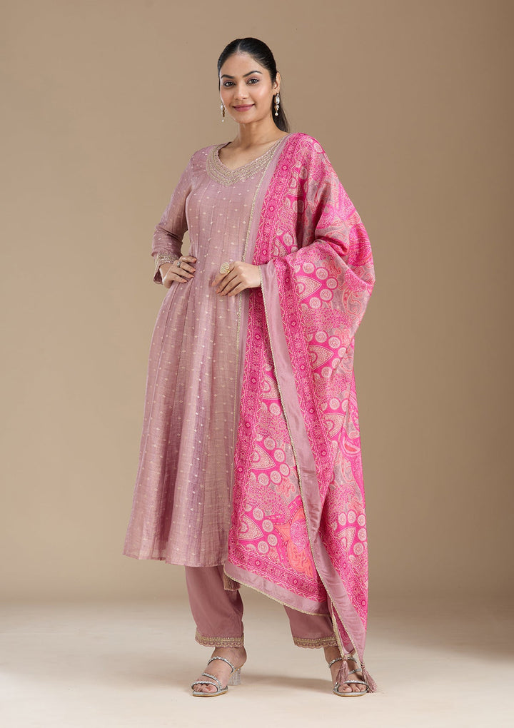 Mauve Zariwork (Gold) Tissue Readymade Salwar Suit_koskii