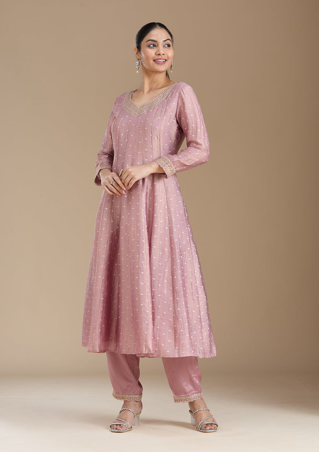 Mauve Zariwork (Gold) Tissue Readymade Salwar Suit_koskii