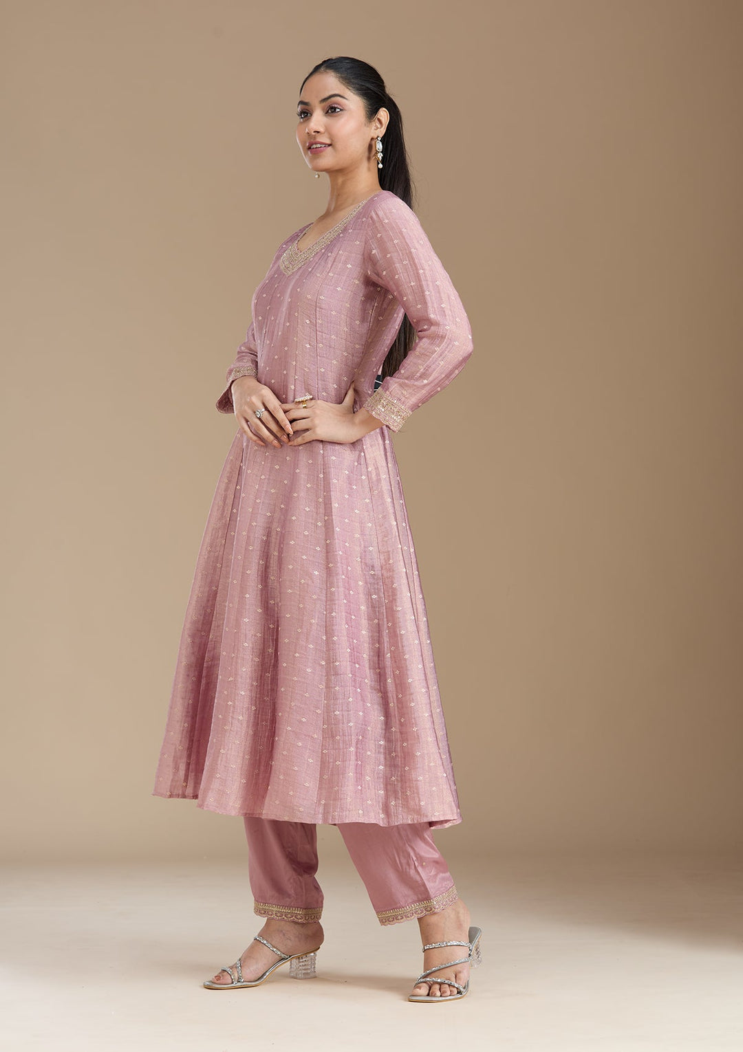 Mauve Zariwork (Gold) Tissue Readymade Salwar Suit_koskii