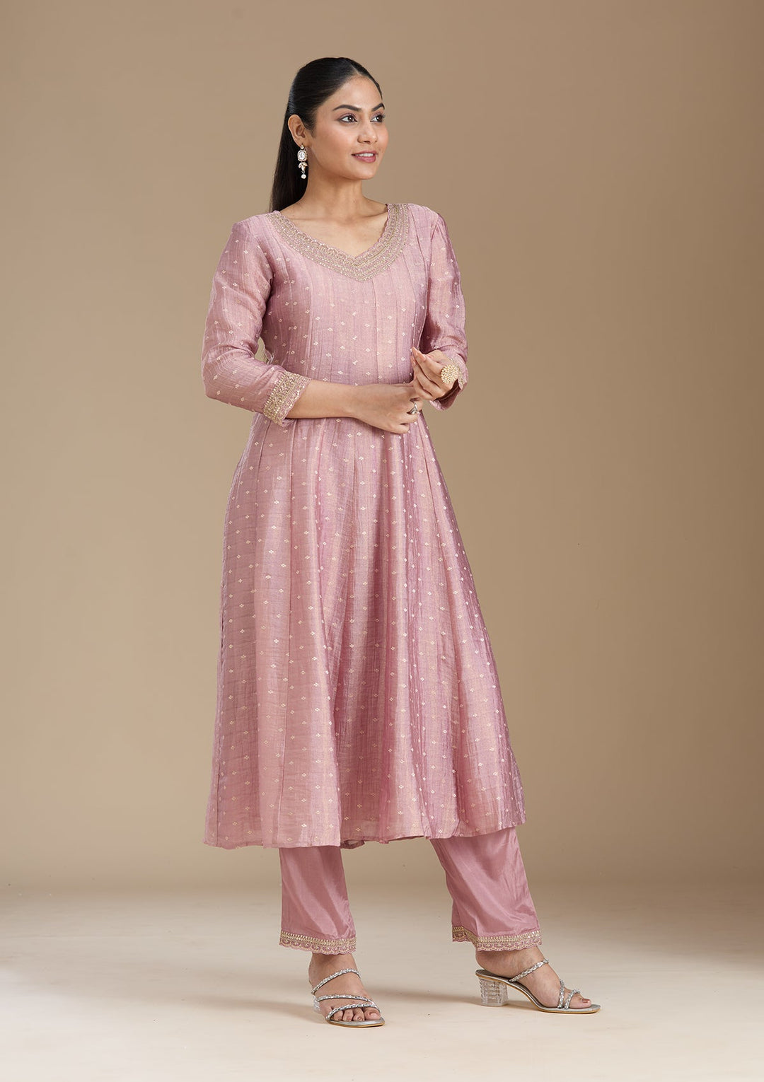 Mauve Zariwork (Gold) Tissue Readymade Salwar Suit_koskii