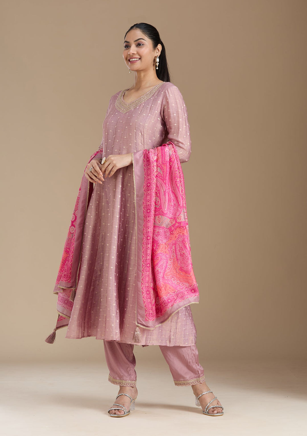 Mauve Zariwork (Gold) Tissue Readymade Salwar Suit_koskii