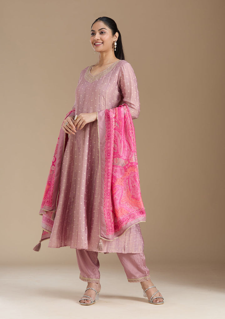 Mauve Zariwork (Gold) Tissue Readymade Salwar Suit_koskii