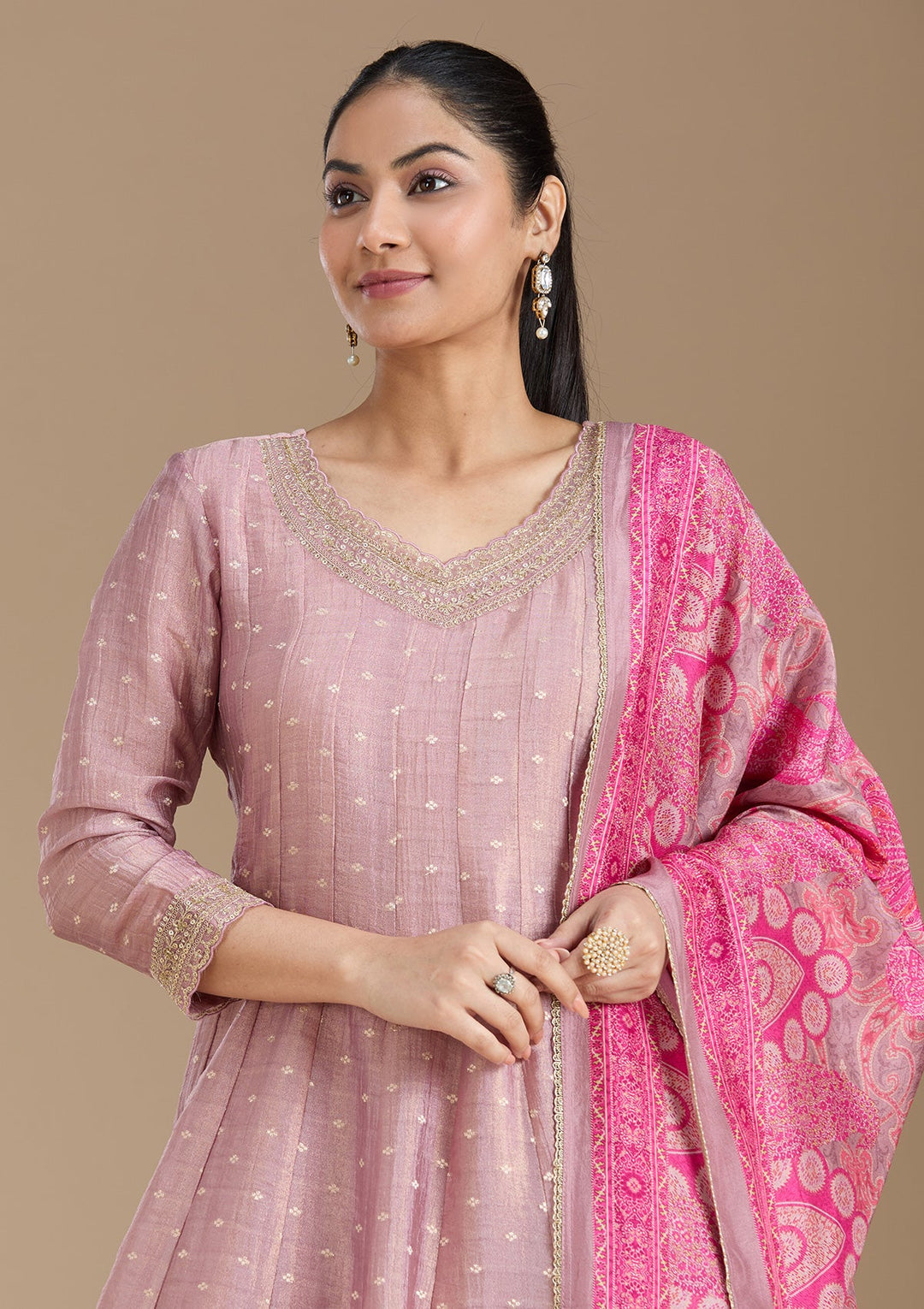 Mauve Zariwork (Gold) Tissue Readymade Salwar Suit_koskii