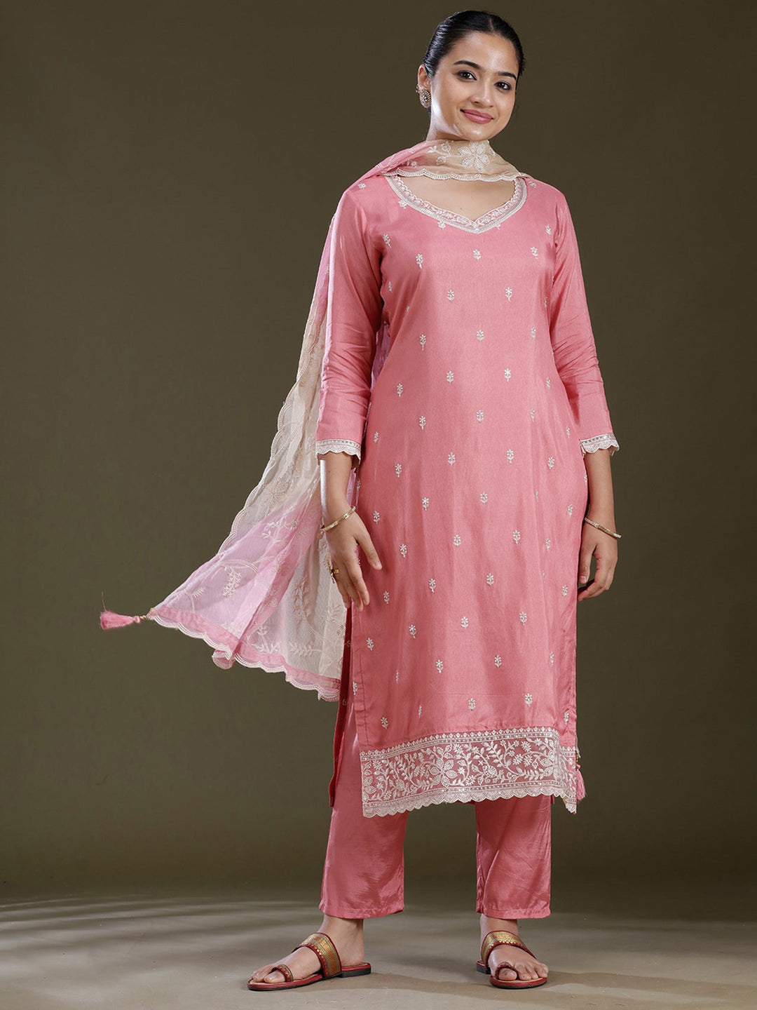 Peach Threadwork Dola Silk Readymade Salwar Suit