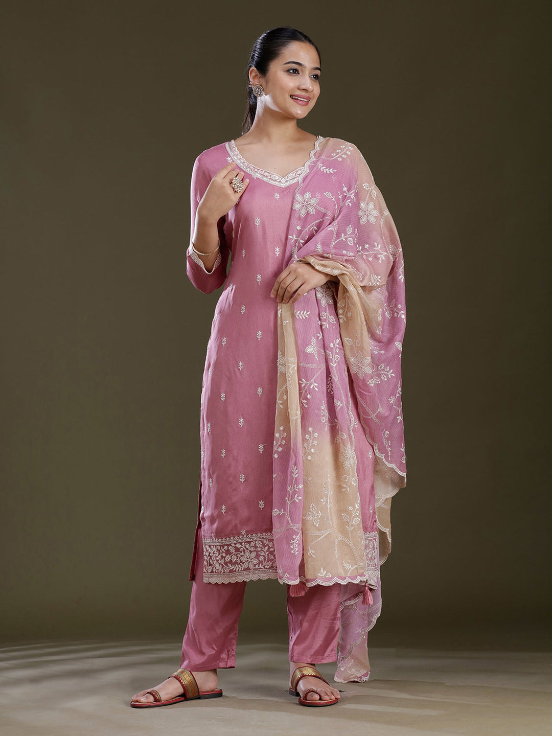 Lavender Threadwork Dola Silk Readymade Salwar Suit