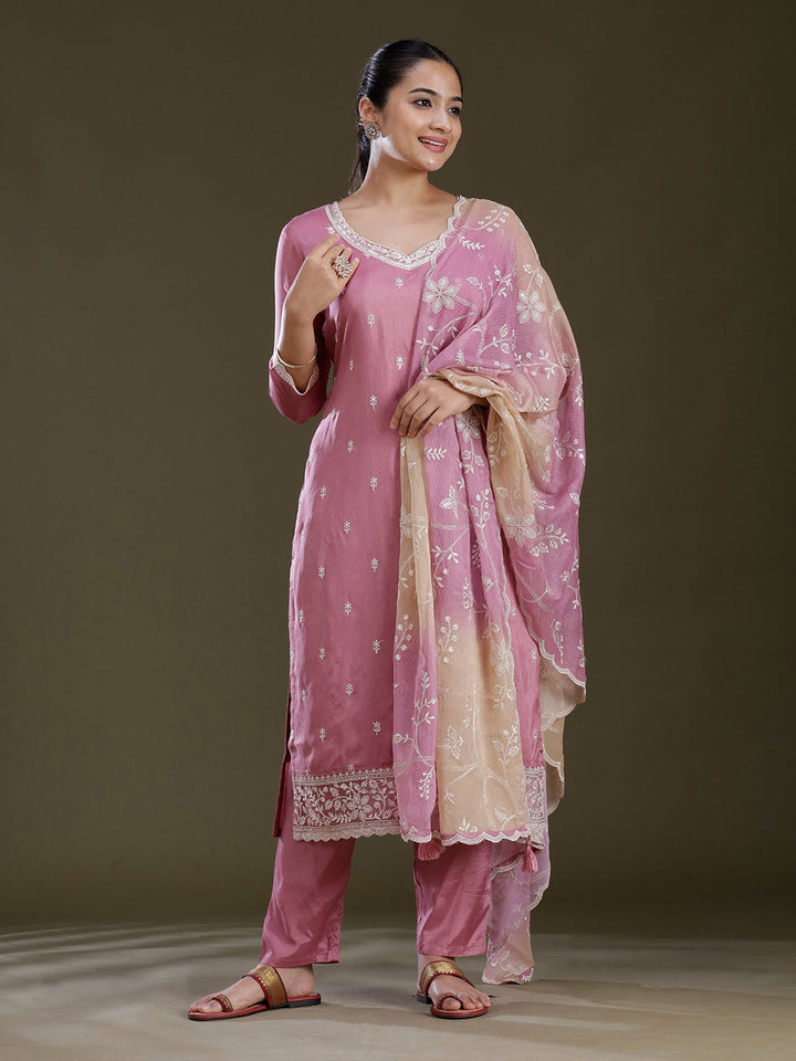 Lavender Threadwork Dola Silk Readymade Salwar Suit