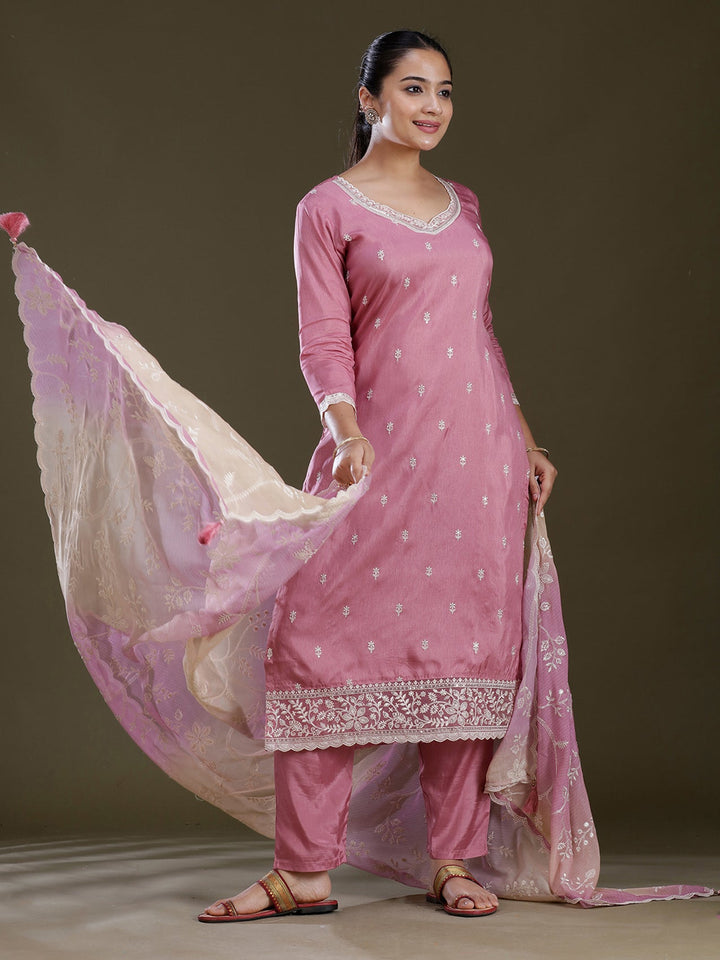 Lavender Threadwork Dola Silk Readymade Salwar Suit