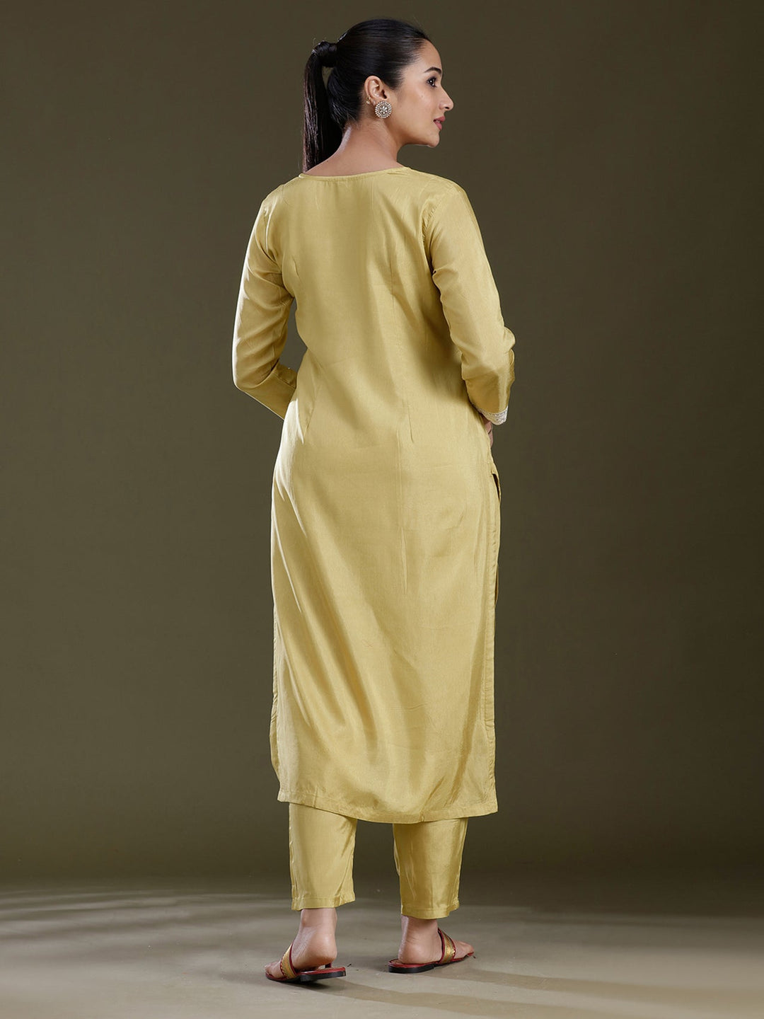 Leaf Green Threadwork Dola Silk Readymade Salwar Suit