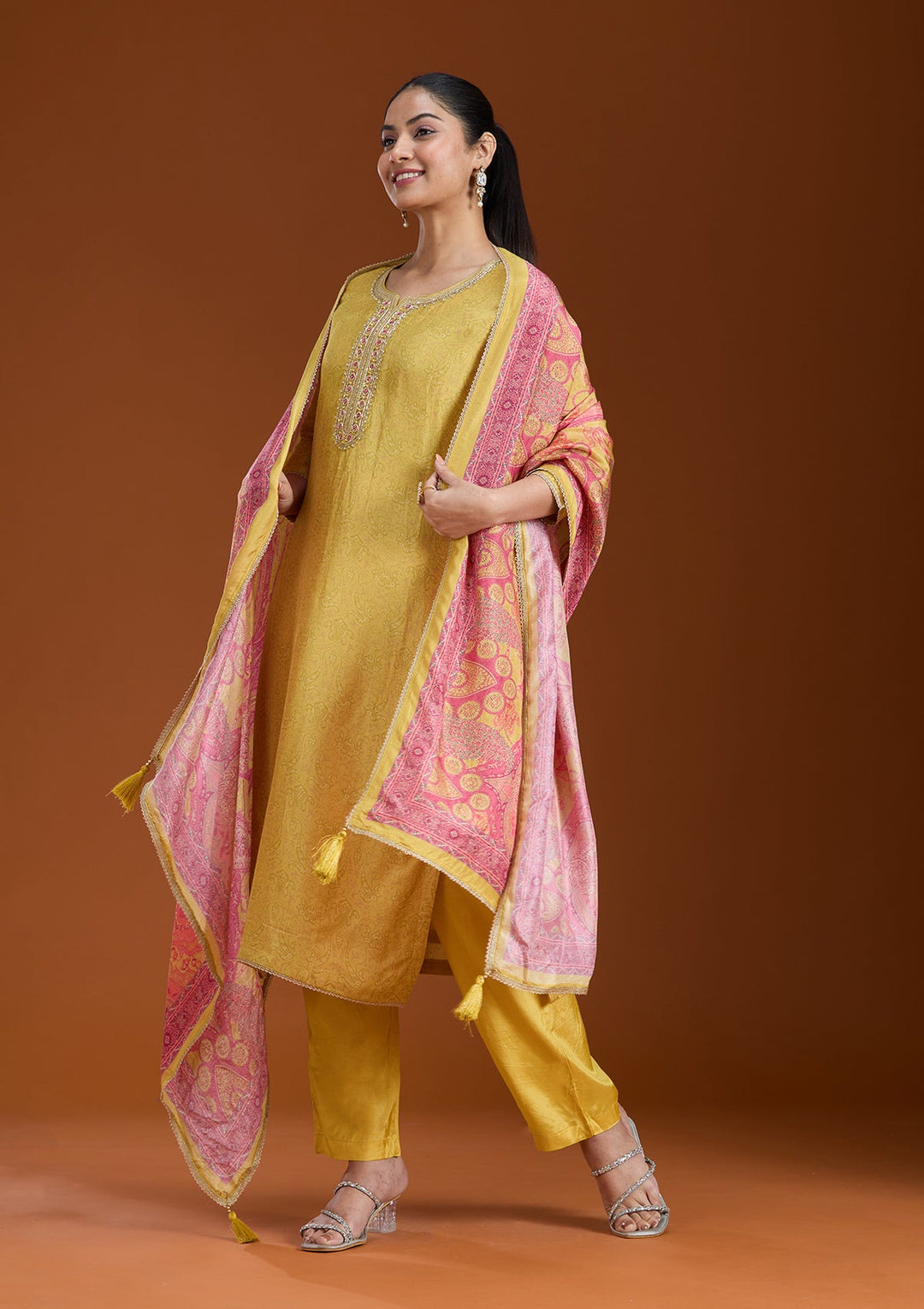 Mehendi Printed Soft Raw Silk Readymade Salwar Suit_koskii