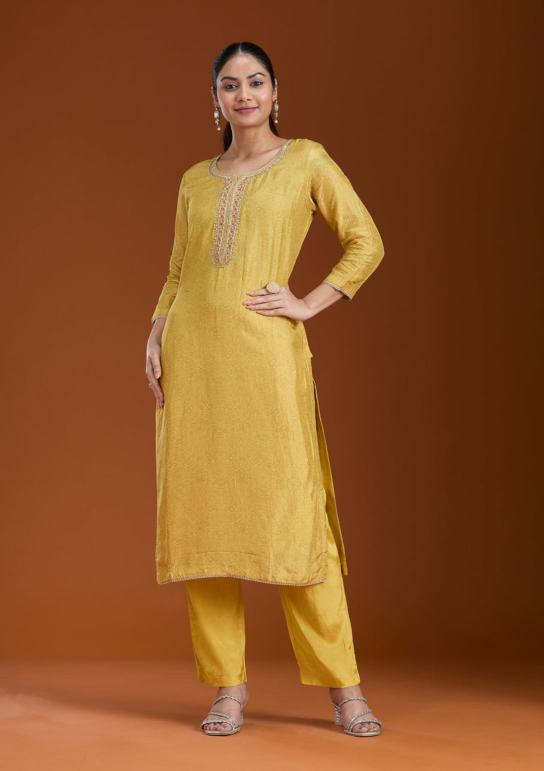 Mehendi Printed Soft Raw Silk Readymade Salwar Suit_koskii