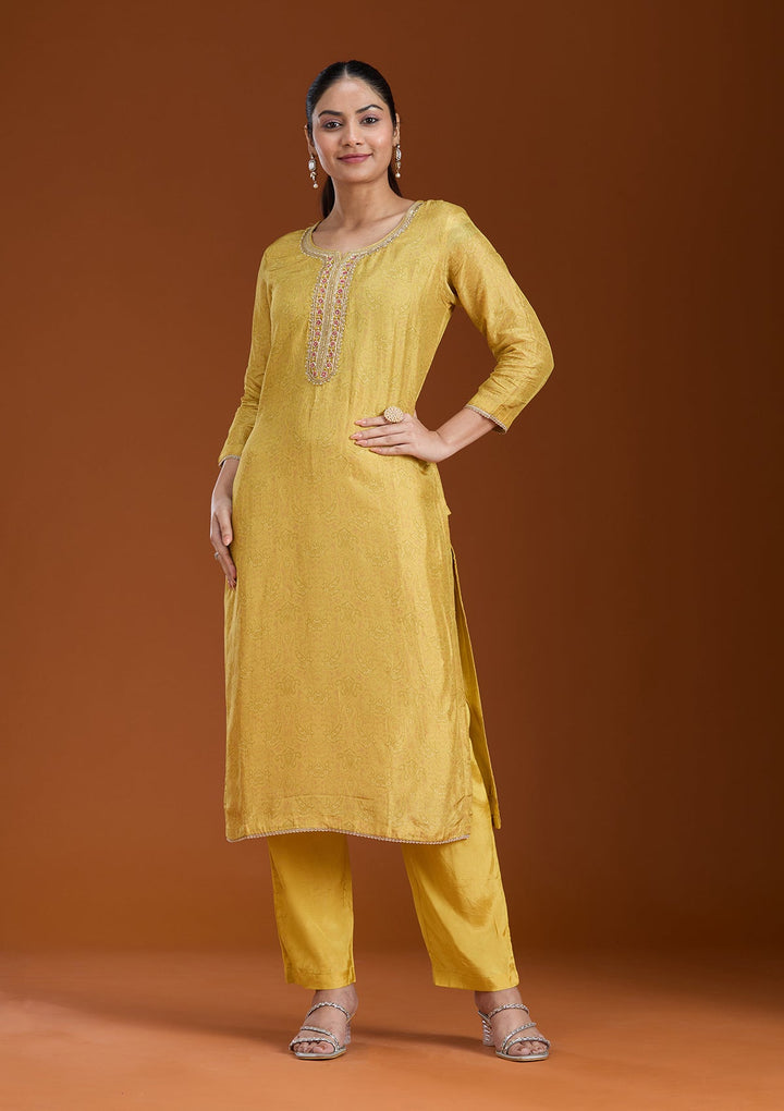 Mehendi Printed Soft Raw Silk Readymade Salwar Suit_koskii
