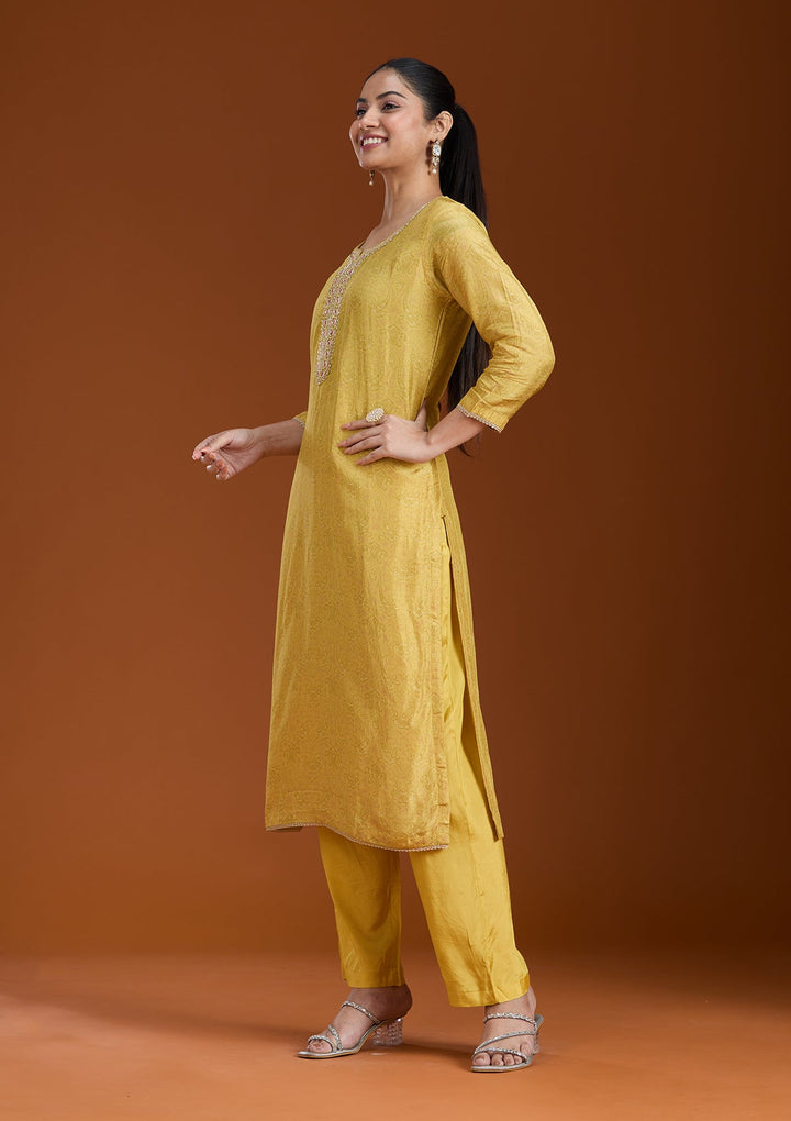 Mehendi Printed Soft Raw Silk Readymade Salwar Suit_koskii