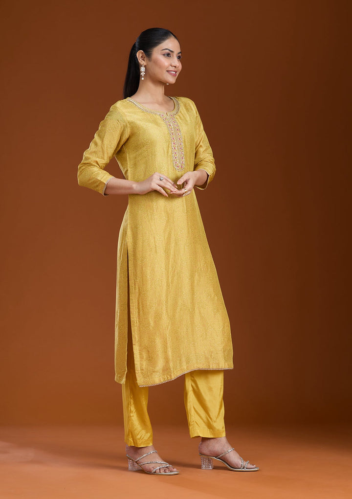Mehendi Printed Soft Raw Silk Readymade Salwar Suit_koskii