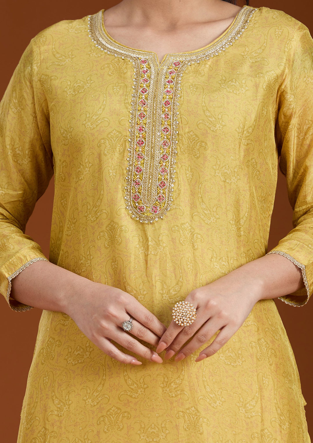 Mehendi Printed Soft Raw Silk Readymade Salwar Suit_koskii