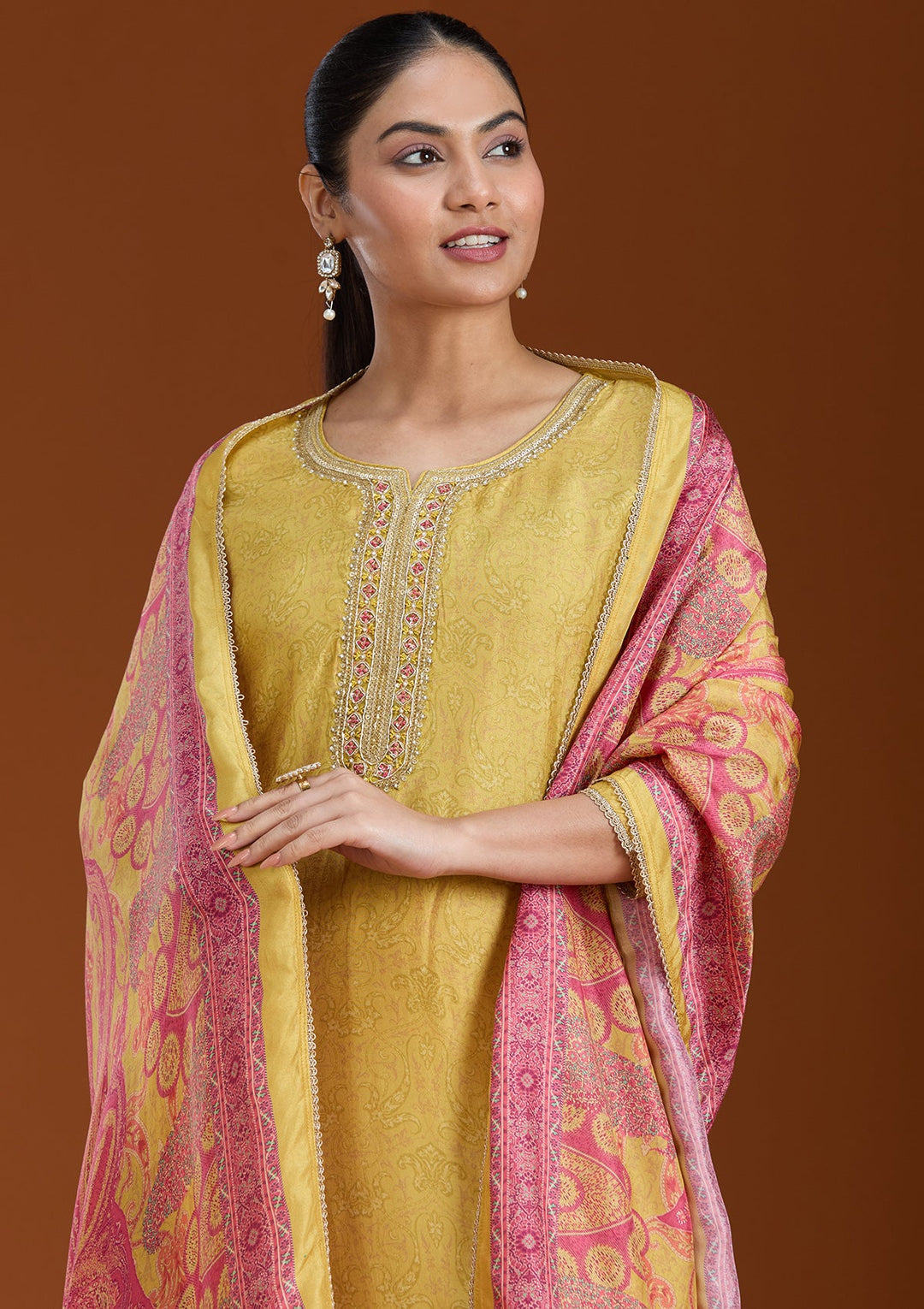 Mehendi Printed Soft Raw Silk Readymade Salwar Suit_koskii