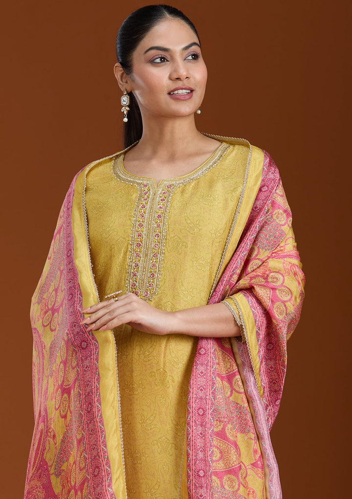 Mehendi Printed Soft Raw Silk Readymade Salwar Suit_koskii