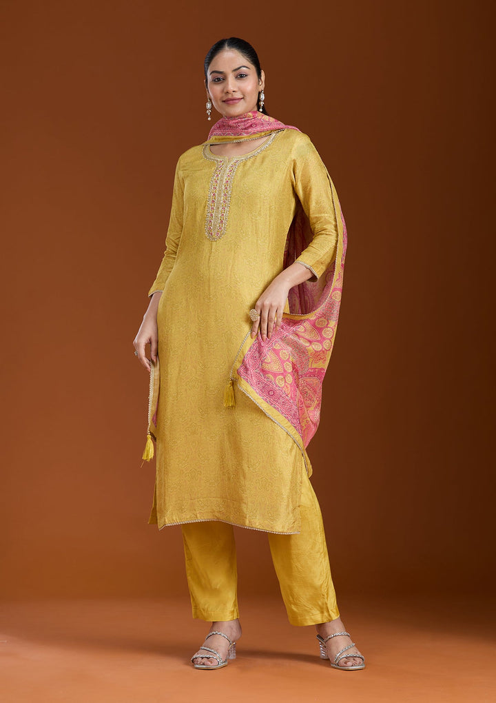 Mehendi Printed Soft Raw Silk Readymade Salwar Suit_koskii