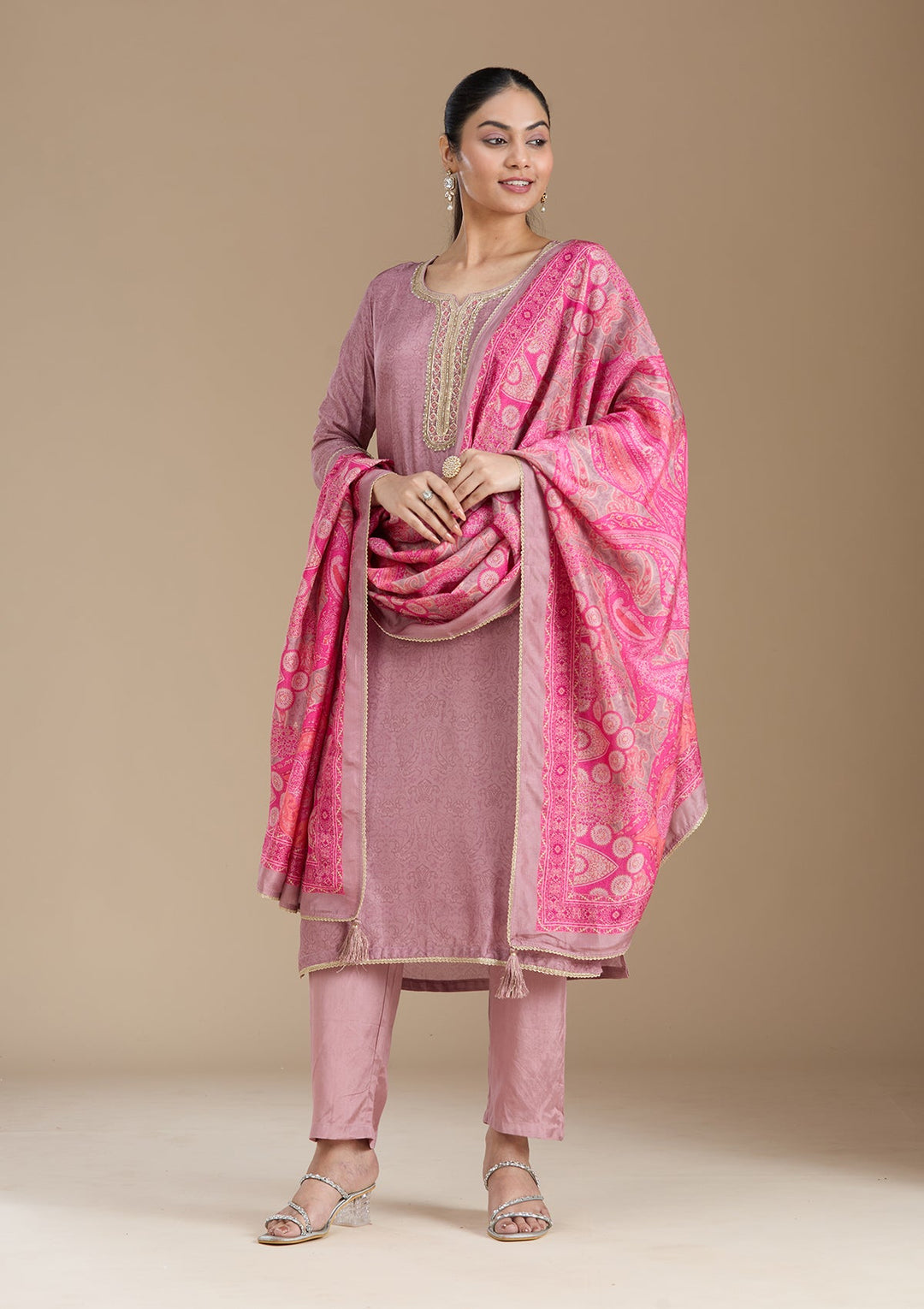 Mauve Threadwork Art Silk Readymade Salwar Suit-koskii