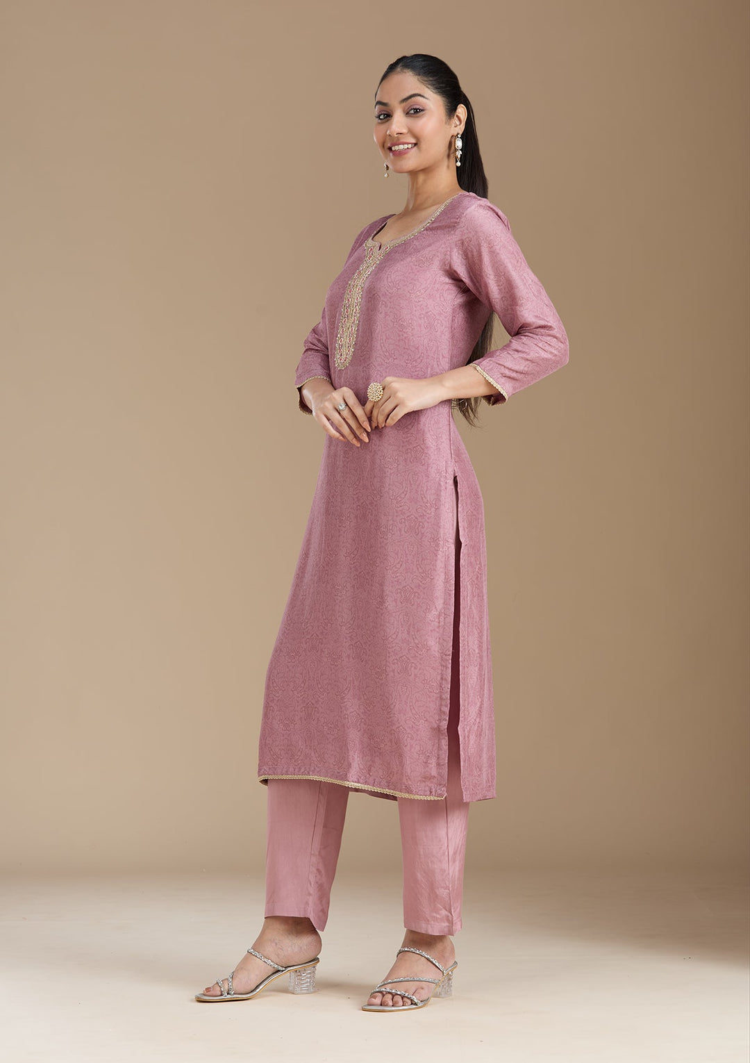Mauve Threadwork Art Silk Readymade Salwar Suit
