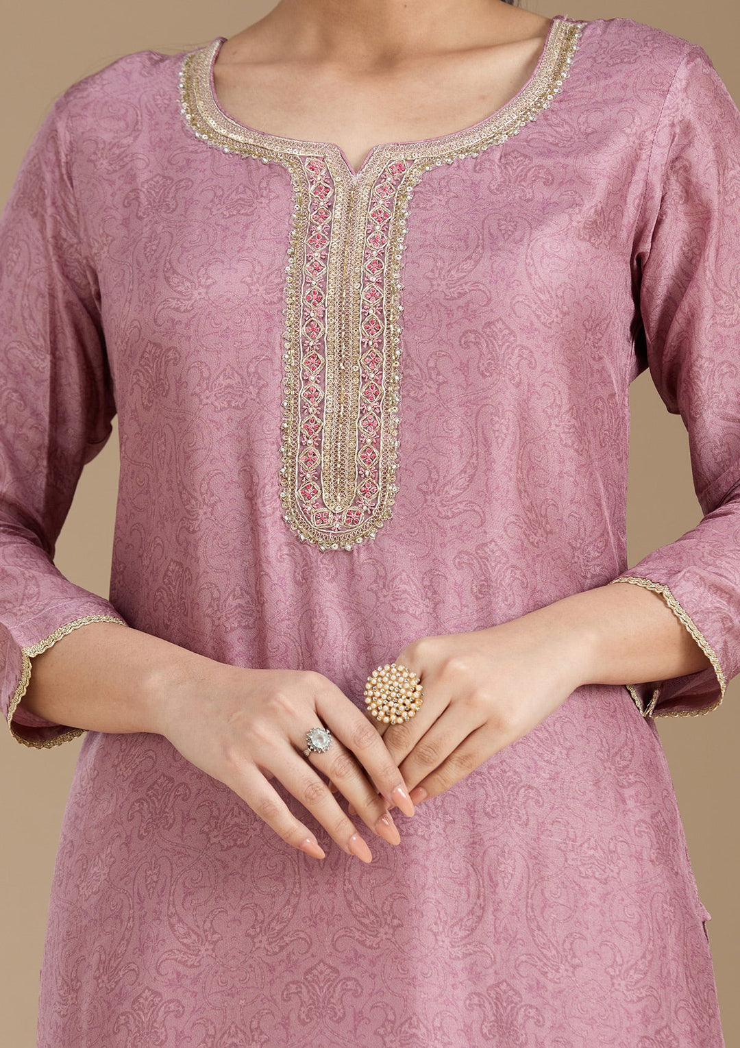Mauve Threadwork Art Silk Readymade Salwar Suit
